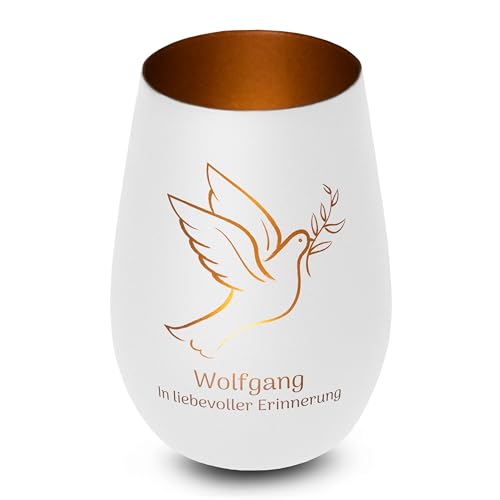 Elegantes personalisiertes Windlicht aus Glas in Weiß-Bronze Taube Gedenklicht für Verstorbene mit Gravur, Geschenk für Trauernde - Trauerlicht personalisiert mit Namen von True Statements