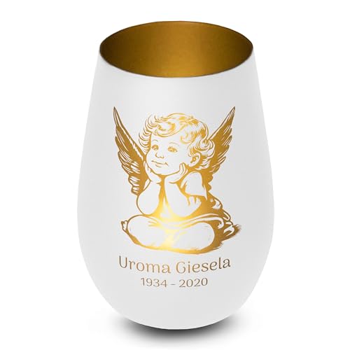 Elegantes personalisiertes Windlicht aus Glas in Weiß-Gold Engel Gedenklicht für Verstorbene mit Gravur, Geschenk für Trauernde - Trauerlicht personalisiert mit Namen Elegantes personalisiertes Windlicht aus Glas in Weiß-Gold Engel Gedenklicht für Verstorbene mit Gravur, Geschenk für Trauernde - Trauerlicht personalisiert mit Namen von True Statements