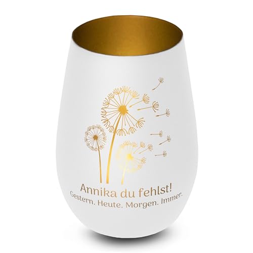 Elegantes personalisiertes Windlicht aus Glas in Weiß-Gold Pusteblume Gedenklicht für Verstorbene mit Gravur, Geschenk für Trauernde - Trauerlicht personalisiert mit Namen von True Statements