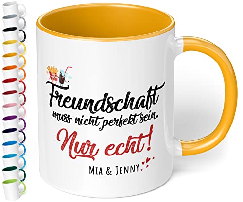 Freundschaft-Tasse Freundschaft muss nicht perfekt sein nur echt Wunsch Namen - personalisierte Kaffeetasse mit Wunsch-Name - spülmaschinenfest - Geschenk zu Weihnachten Geburtstag (Goldgelb) von True Statements
