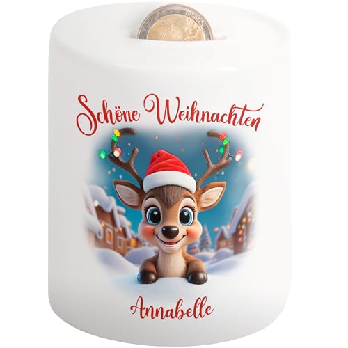 Geld-Geschenk Weihnachten: 3D Rentier Spardose mit Namen „Schöne Weihnachten“ personalisiert Mädchen Junge Geldgeschenk Verpackung von True Statements