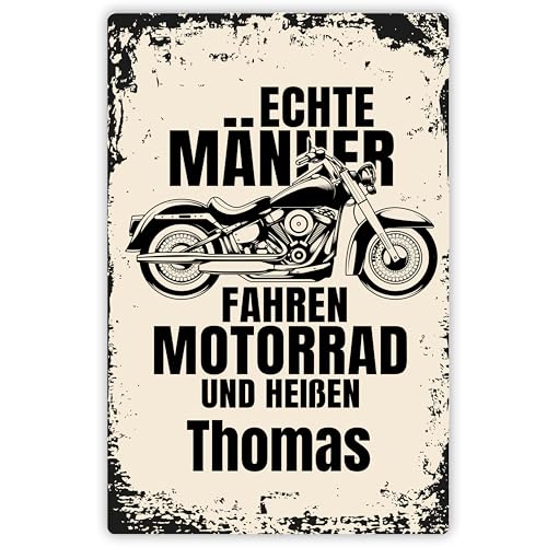 Geschenk für Biker: Alu-Schild personalisiert „Echte Männer fahren Motorrad und heißen WUNSCHNAME“ - mit Aufhängesystem ca. 20x30,5 cm - Motorradfans Dekoration (Hochformat) von True Statements