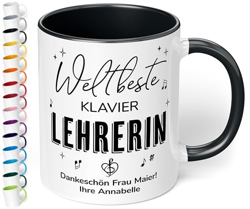 Geschenk für Musik-Lehrerin: Keramik-Tasse „Weltbeste Lehrerin“ personalisiert mit Musik-Instrument und Wunschtext – Kaffeebecher 330ml. - kleine Aufmerksamkeit als Dankeschön (Schwarz) von True Statements