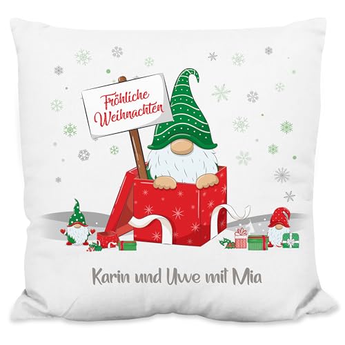 Geschenk zu Weihnachten: Deko-Kissen personalisiert mit Wunschtext „Fröhliche Weihnachten“ - mit Wichtel-Motiv (grün) - 40x40cm, inkl. Kissen-Füllung - Zierkissen (Strukturiertes Kissen) von True Statements