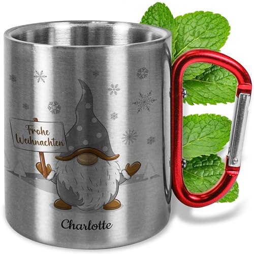 Geschenk zu Weihnachten: Edelstahl-Becher mit Karabiner ca. 330ml „Frohe Weihnachten“ mit Gold-Wichtel-Motiv - Glühweinbecher für Weihnachtsmarkt - Metall-Tasse Outdoor Camping von True Statements