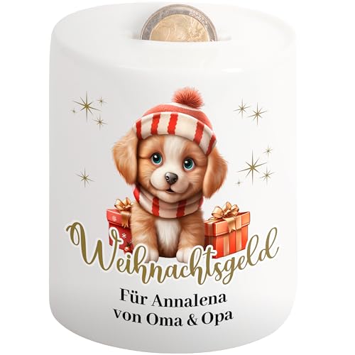 Geschenk zu Weihnachten: Kinder-Spardose personalisiert „Weihnachtsgeld“ mit Namen & Wunschtext - Geldgeschenk Verpackung für Jungen & Mädchen (Hund) von True Statements