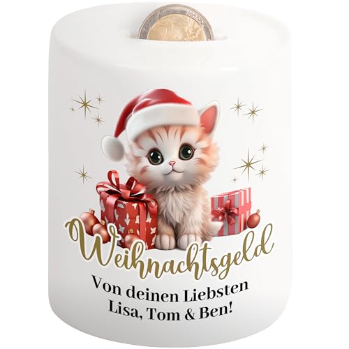 Geschenk zu Weihnachten: Kinder-Spardose personalisiert „Weihnachtsgeld“ mit Namen & Wunschtext - Geldgeschenk Verpackung für Jungen & Mädchen (Katze) von True Statements