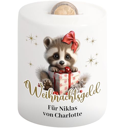 Geschenk zu Weihnachten: Kinder-Spardose personalisiert „Weihnachtsgeld“ mit Namen & Wunschtext - Geldgeschenk Verpackung für Jungen & Mädchen (Waschbär) von True Statements