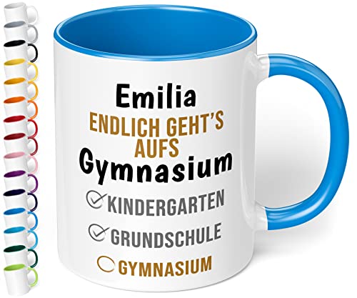 Geschenk zum Übertritt aufs Gymnasium: Keramik-Tasse mit Namen „WUNSCHNAME Endlich geht’s aufs Gymnasium“ - Geschenk zur 5. Klasse – Gymi Geschenk für Mädchen und Jungen (Cambridge Blau) von True Statements