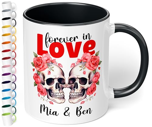 Geschenk zum Valentine’s day: Keramik Tasse „Forever in Love“ 330ml personalisiert – Liebesgeschenke Totenkopf- Motiv Frauen & Männer sie & ihn (Schwarz) von True Statements