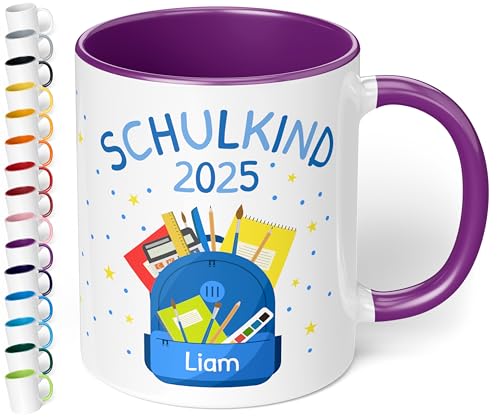 Geschenk zur Einschulung Tasse „Schulkind 2025“ für Jungen - personalisiert mit Namen Erstklässler Schüler 1. Klasse - Rucksack Blau - Keramiktasse, 330ml, Violett von True Statements