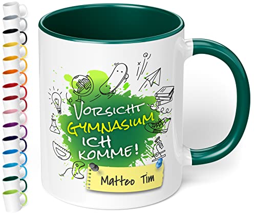 True Statements Geschenk zur Einschulung aufs Gymnasium - hochwertige Keramik Tasse mit Spruch Vorsicht Gymnasium, ich komme! auf Wunsch mit Namen (mit Wunschname, Dunkelgrün) von True Statements