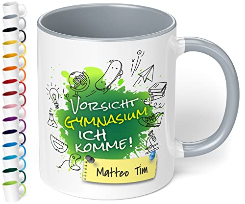 True Statements Geschenk zur Einschulung aufs Gymnasium - hochwertige Keramik Tasse mit Spruch Vorsicht Gymnasium, ich komme! auf Wunsch mit Namen (mit Wunschname, Grau) von True Statements