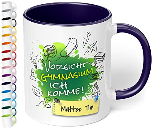 True Statements Geschenk zur Einschulung aufs Gymnasium - hochwertige Keramik Tasse mit Spruch Vorsicht Gymnasium, ich komme! auf Wunsch mit Namen (mit Wunschname, Kobaltblau) von True Statements