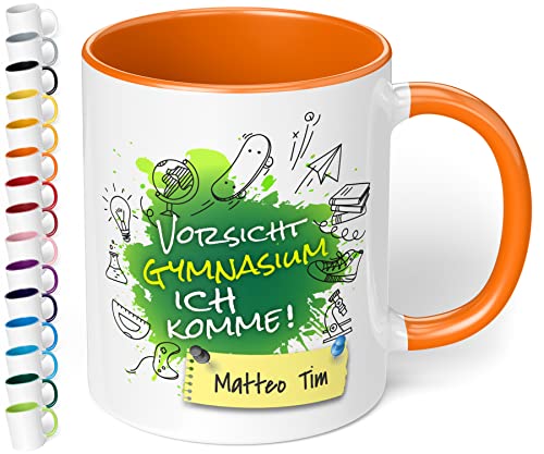 True Statements Geschenk zur Einschulung aufs Gymnasium - hochwertige Keramik Tasse mit Spruch Vorsicht Gymnasium, ich komme! auf Wunsch mit Namen (mit Wunschname, Orange) von True Statements