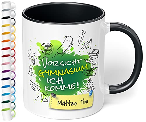 True Statements Geschenk zur Einschulung aufs Gymnasium - hochwertige Keramik Tasse mit Spruch Vorsicht Gymnasium, ich komme! auf Wunsch mit Namen (mit Wunschname, Schwarz) von True Statements