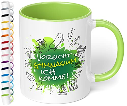 True Statements Geschenk zur Einschulung aufs Gymnasium - hochwertige Keramik Tasse mit Spruch Vorsicht Gymnasium, ich komme! auf Wunsch mit Namen (ohne Wunschname, Hellgrün) von True Statements