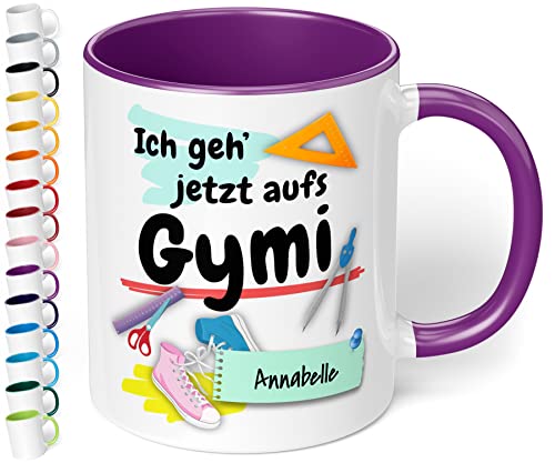 True Statements Geschenk zur Einschulung aufs Gymnasium mit Namen - Geschenk zur 5. Klasse - hochwertige Keramik Tasse mit Spruch Ich geh‘ jetzt aufs Gymi mit Wunschnamen (Violett) von True Statements