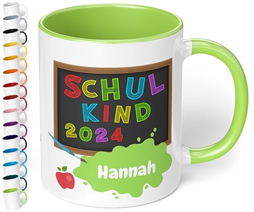 Geschenk zur Einschulung für Mädchen und Jungen: „Schulkind 2024“ - mit TAFEL-Motiv - personalisierte Tasse mit Namen für Erstklässler - kleines Geschenk für Schüler 1. Klasse (Hellgrün) von True Statements