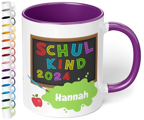 Geschenk zur Einschulung für Mädchen und Jungen: „Schulkind 2024“ - mit TAFEL-Motiv - personalisierte Tasse mit Namen für Erstklässler - kleines Geschenk für Schüler 1. Klasse (Violett) von True Statements