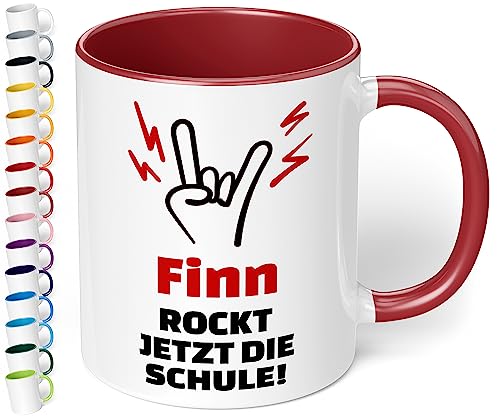 True Statements Geschenk zur Einschulung für Mädchen & Jungen: 330ml Keramik-Tasse „NAME Rockt jetzt die Schule“ - personalisiert für Erstklässler Schüler 1. Klasse (Bordeaux) von True Statements