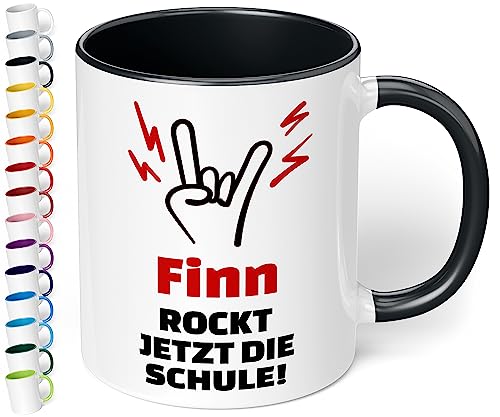 True Statements Geschenk zur Einschulung für Mädchen & Jungen: 330ml Keramik-Tasse „NAME Rockt jetzt die Schule“ - personalisiert für Erstklässler Schüler 1. Klasse (Schwarz) von True Statements