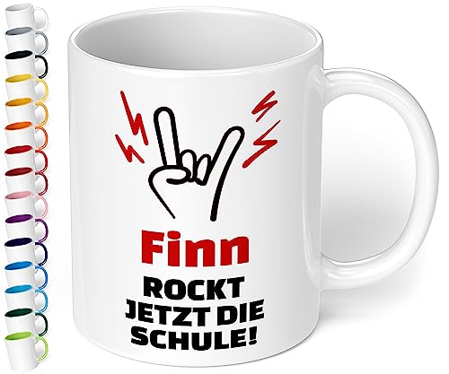 Geschenk zur Einschulung für Mädchen und Jungen: Keramik-Tasse „Name Rockt jetzt die Schule“ - personalisiert mit Namen für Erstklässler - Geschenk für Schulkind Schüler 1. Klasse (Weiß) von True Statements