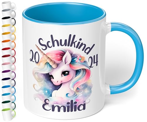 True Statements Geschenk zur Einschulung für Mädchen & Jungen: Keramik-Tasse „Schulkind 2024“ - EINHORN-Motiv - 330ml - personalisiert mit Namen Erstklässler Schüler 1. Klasse (Hellblau) von True Statements