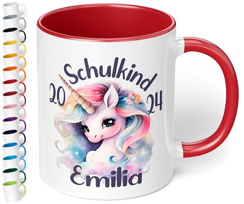 True Statements Geschenk zur Einschulung für Mädchen & Jungen: Keramik-Tasse „Schulkind 2024“ - EINHORN-Motiv - 330ml - personalisiert mit Namen Erstklässler Schüler 1. Klasse (Rot) von True Statements