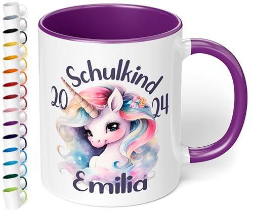 Geschenk zur Einschulung für Mädchen & Jungen: Süße Tasse „Schulkind 2024“ - mit EINHORN-Motiv - personalisiert mit Namen Erstklässler - kleines Geschenk für Schüler 1. Klasse (Violett) von True Statements