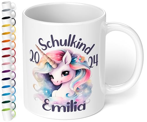 Geschenk zur Einschulung für Mädchen & Jungen: Süße Tasse „Schulkind 2024“ - mit EINHORN-Motiv - personalisiert mit Namen Erstklässler - kleines Geschenk für Schüler 1. Klasse (Weiß) von True Statements