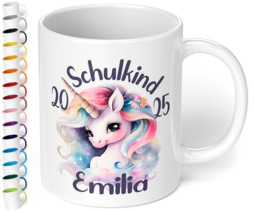 Geschenk zur Einschulung für Mädchen: Süße Tasse „Schulkind 2025“ - mit EINHORN-Motiv - personalisiert mit Namen Erstklässler - kleines Geschenk für Schüler 1. Klasse, Weiß von True Statements