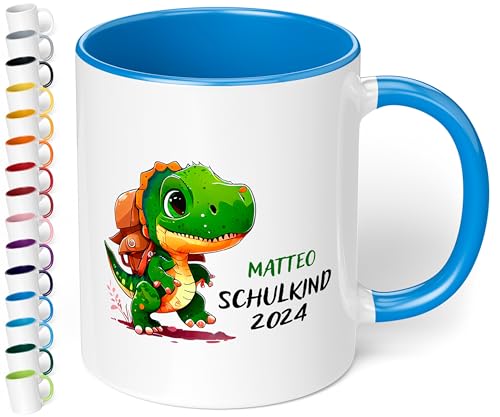 Geschenk Einschulung Mädchen & Jungen: Keramik T-Rex Kinder-Tasse „Schulkind 2024“ - mit DINO-Motiv - personalisiert mit Namen Erstklässler Schüler 1. Klasse 330ml (Cambridge Blau) von True Statements