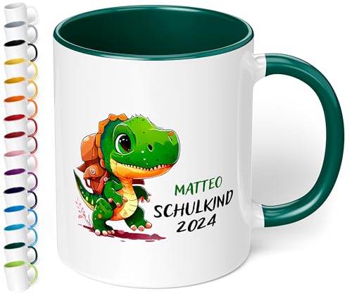 Geschenk Einschulung Mädchen & Jungen: Keramik T-Rex Kinder-Tasse „Schulkind 2024“ - mit DINO-Motiv - personalisiert mit Namen Erstklässler Schüler 1. Klasse 330ml (Dunkelgrün) von True Statements