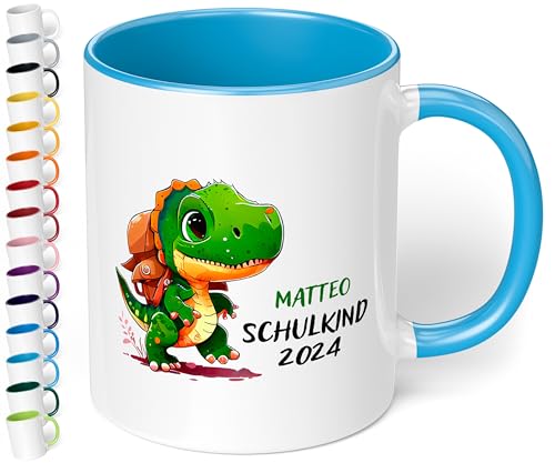 Geschenk zur Einschulung für Mädchen & Jungen: T-Rex Kinder-Tasse „Schulkind 2024“ - mit DINO-Motiv - personalisiert mit Namen Erstklässler - kleines Geschenk für Schüler 1. Klasse (Hellblau) von True Statements