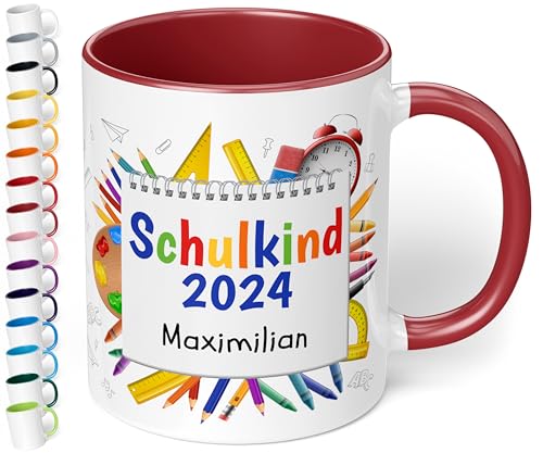 True Statements Zur Einschulung für Mädchen & Jungen: Keramik Tasse „Schulkind 2024“ - 330ml - NOTIZBLOCK-Motiv - personalisiert mit Namen Erstklässler - Geschenk Schüler 1. Klasse (Bordeaux) von True Statements