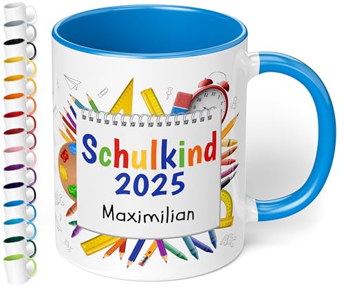 True Statements personalisierte Tasse Schulkind 2025", in Cambridge Blau, Geschenk zur Einschulung für Mädchen und Jungen, 330 ml Keramiktasse mit Notizblock, Einschulungsgeschenk 1. Klasse von True Statements