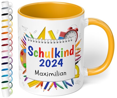 True Statements Zur Einschulung für Mädchen & Jungen: Keramik Tasse „Schulkind 2024“ - 330ml - NOTIZBLOCK-Motiv - personalisiert mit Namen Erstklässler - Geschenk Schüler 1. Klasse (Goldgelb) von True Statements