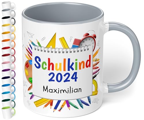 True Statements Geschenk zur Einschulung für Mädchen und Jungen: Keramik Tasse „Schulkind 2024“ - mit NOTIZBLOCK-Motiv - personalisiert mit Namen für Erstklässler Schüler 1. Klasse 330ml (Grau) von True Statements