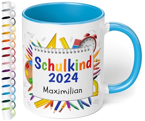 True Statements Einschulung für Mädchen & Jungen: Keramik Tasse „Schulkind 2024“ - 330ml - NOTIZBLOCK-Motiv - personalisiert mit Namen Erstklässler - Geschenk Schüler 1. Klasse (Hellblau) von True Statements