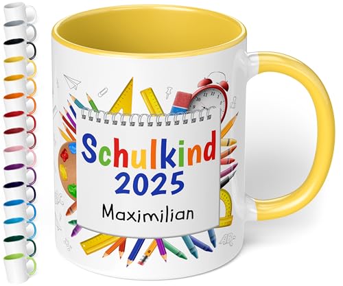 Geschenk zur Einschulung für Mädchen und Jungen: Tasse „Schulkind 2025“ - mit NOTIZBLOCK-Motiv - personalisiert mit Namen für Erstklässler - kleines Geschenk für Schüler 1. Klasse, Hellgelb von True Statements