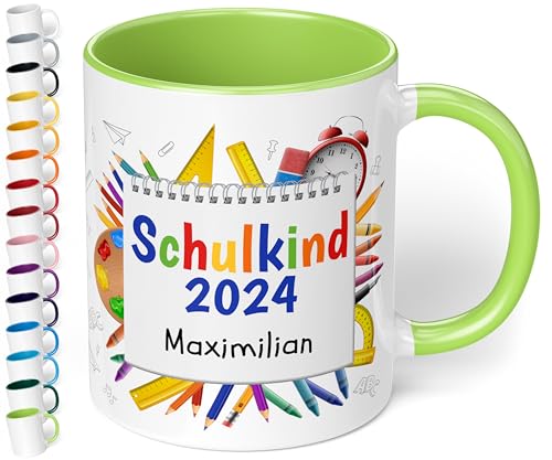 True Statements Geschenk zur Einschulung für Mädchen und Jungen: Keramik Tasse „Schulkind 2024“ - mit NOTIZBLOCK-Motiv - personalisiert mit Namen für Erstklässler Schüler 1. Klasse 330ml (Hellgrün) von True Statements