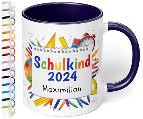 True Statements Zur Einschulung für Mädchen & Jungen: Keramik Tasse „Schulkind 2024“ - 330ml - NOTIZBLOCK-Motiv - personalisiert mit Namen Erstklässler - Geschenk Schüler 1. Klasse (Kobaltblau) von True Statements