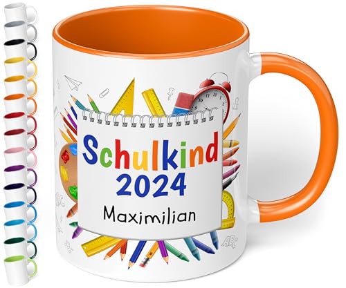 True Statements Zur Einschulung für Mädchen & Jungen: Keramik Tasse „Schulkind 2024“ - 330ml - NOTIZBLOCK-Motiv - personalisiert mit Namen Erstklässler - Geschenk Schüler 1. Klasse (Orange) von True Statements