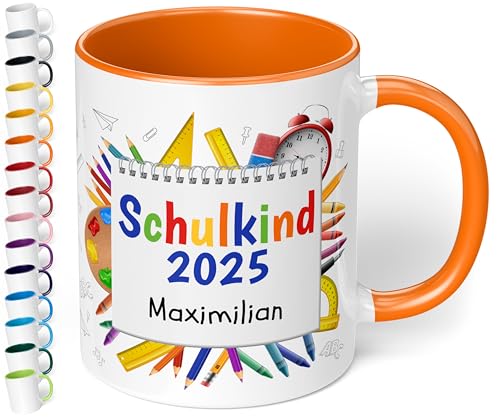 Geschenk zur Einschulung für Mädchen und Jungen: Tasse „Schulkind 2025“ - mit NOTIZBLOCK-Motiv - personalisiert mit Namen für Erstklässler - kleines Geschenk für Schüler 1. Klasse, Orange von True Statements