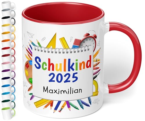 Geschenk zur Einschulung für Mädchen und Jungen: Tasse „Schulkind 2025“ - mit NOTIZBLOCK-Motiv - personalisiert mit Namen für Erstklässler - kleines Geschenk für Schüler 1. Klasse, Rot von True Statements