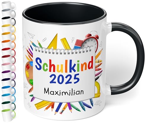 True Statements personalisierte Tasse Schulkind 2025", in Schwarz, Geschenk zur Einschulung für Mädchen und Jungen, 330 ml Keramiktasse mit Notizblock, Einschulungsgeschenk 1. Klasse von True Statements