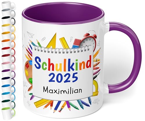 True Statements personalisierte Tasse Schulkind 2025", in Violett, Geschenk zur Einschulung für Mädchen und Jungen, 330 ml Keramiktasse mit Notizblock, Einschulungsgeschenk 1. Klasse von True Statements