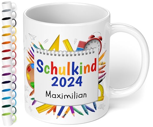 True Statements Zur Einschulung für Mädchen & Jungen: Keramik Tasse „Schulkind 2024“ - 330ml - NOTIZBLOCK-Motiv - personalisiert mit Namen Erstklässler - Geschenk Schüler 1. Klasse (Weiß) von True Statements