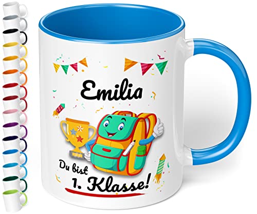 Geschenk zur Einschulung für Mädchen und Jungen: personalisierte Tasse Du bist 1. Klasse mit Namen (Cambridge Blau) von True Statements